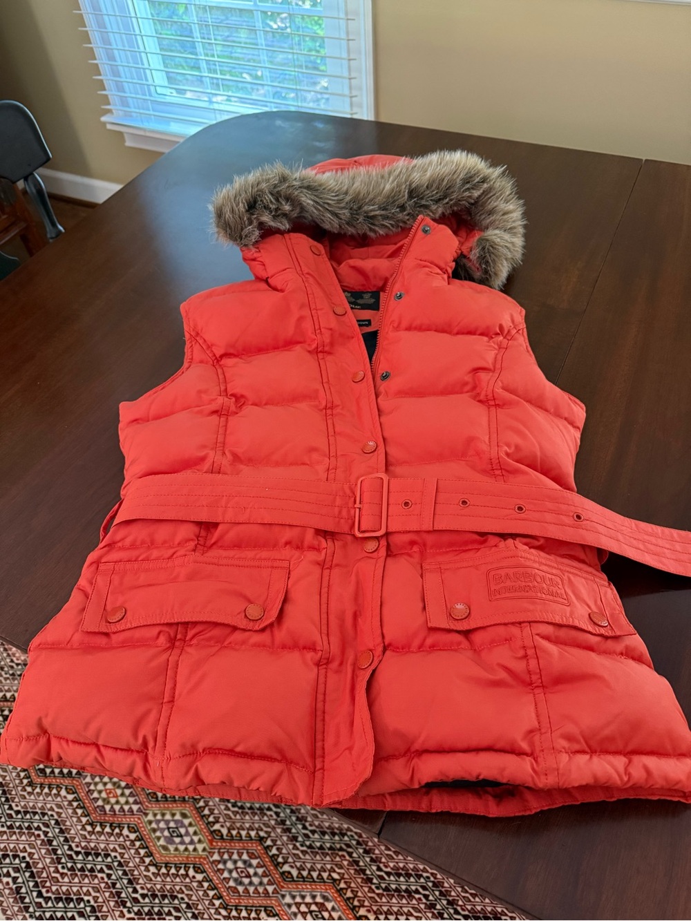 Barbour Orange Quilted Down Jacket with Faux Fur Trim